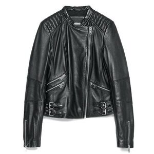 Zara Trafaluc Genuine Leather Biker Jacket in Black Size S